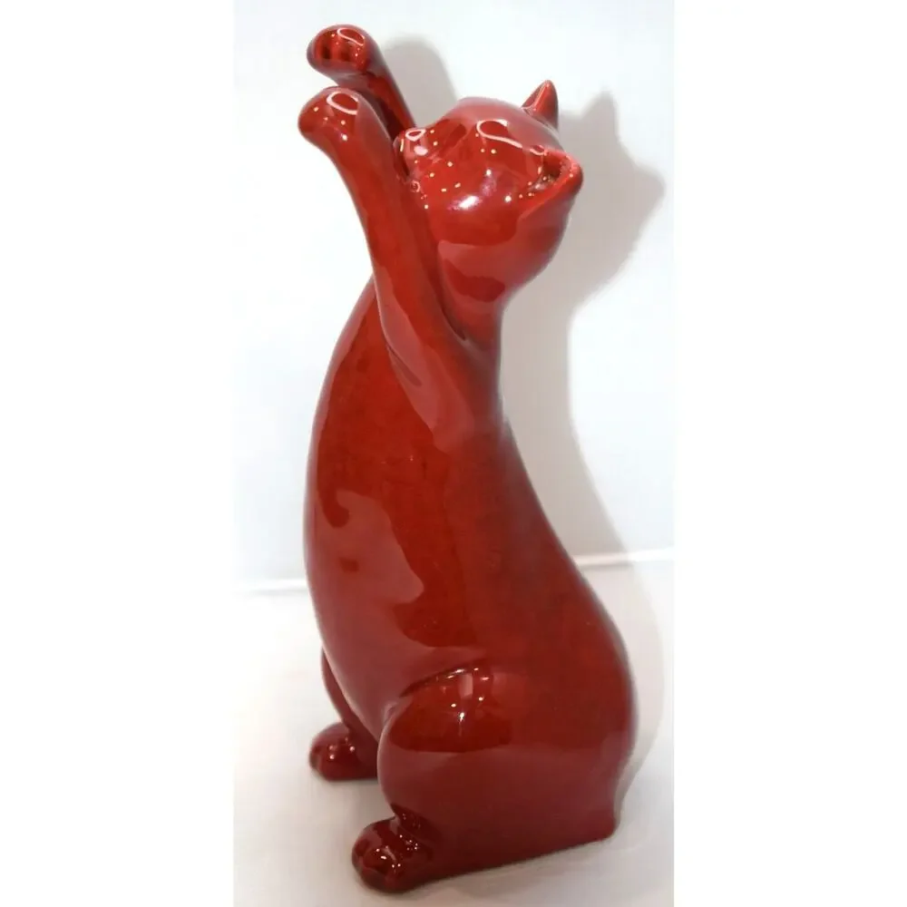 Mid Century Modern MCM Brick Red Ceramic Cats Mom‎ 10 inch and Kitten 8 Inch